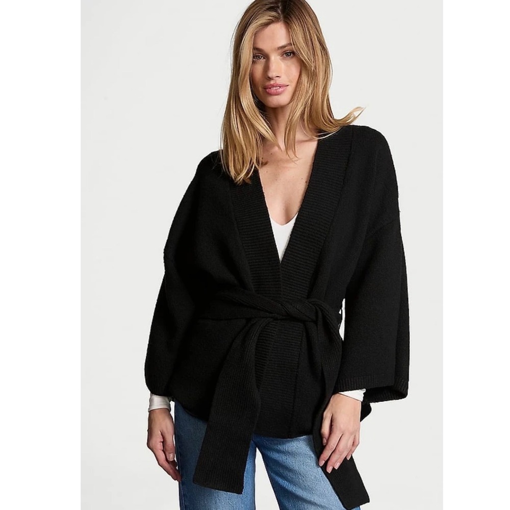 Victoria's Secret Black Belted Kimono Sleeve Cardigan Sweater NWT M/L